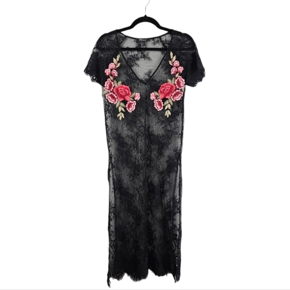 FOREVER 21 Sheer Mesh Midi Dress Black Lace Pink Floral Womens Size L Whimsigoth - Picture 1 of 8